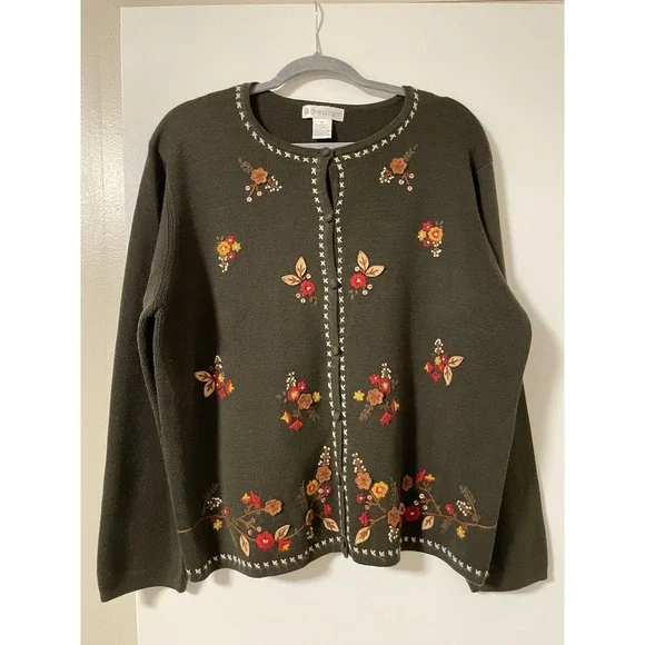 Dressbarn Fall Floral Embroidery Grandma Granny Teacher Sweater Green Size XL - Picture 1 of 10